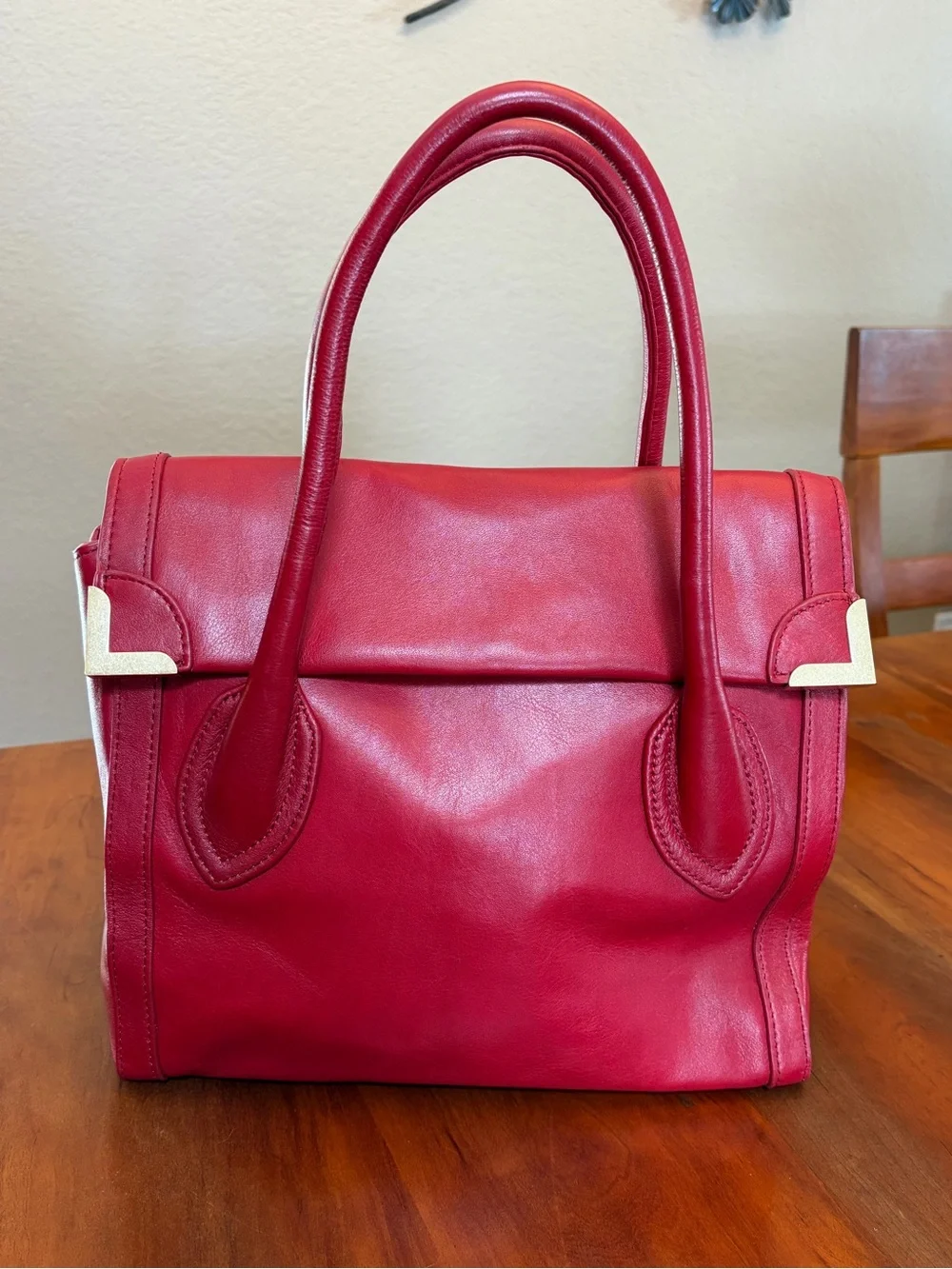Foley + Corinna Red Leather Satchel with Gold Accents